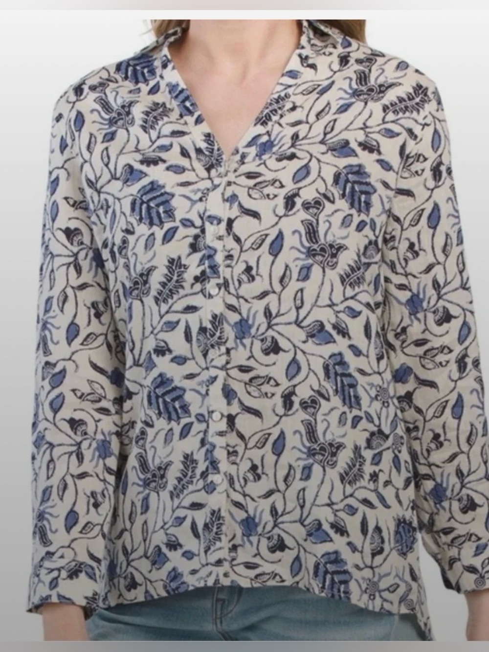 Rachel Zoe 100% Linen Blue Floral
Button Down Shirt Blouse Top